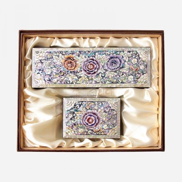 자개필함세트-나전으로 핀 모란(필함,명함함) - 목단과 나비의 화려한 나전칠기 전통상품 필함+명함함 세트