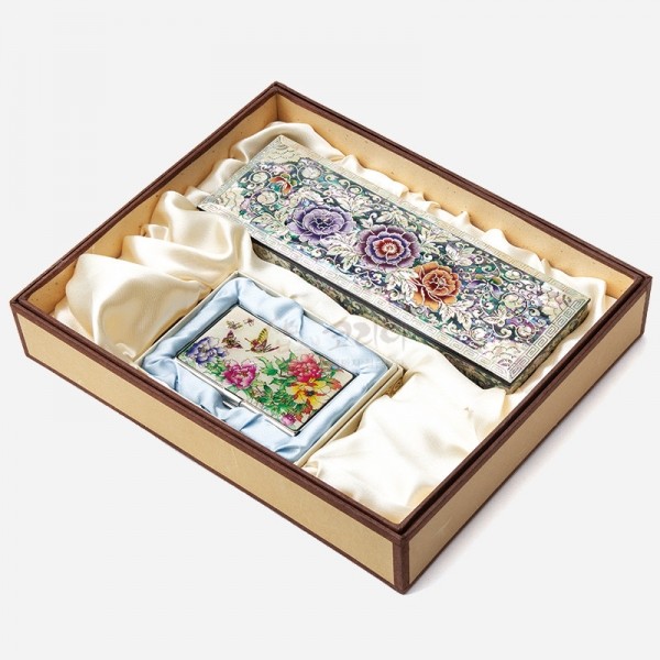 자개필함세트-나전으로 핀 모란(필함,명함케이스) - 목단과 나비의 화려한 나전칠기 필함 2종세트