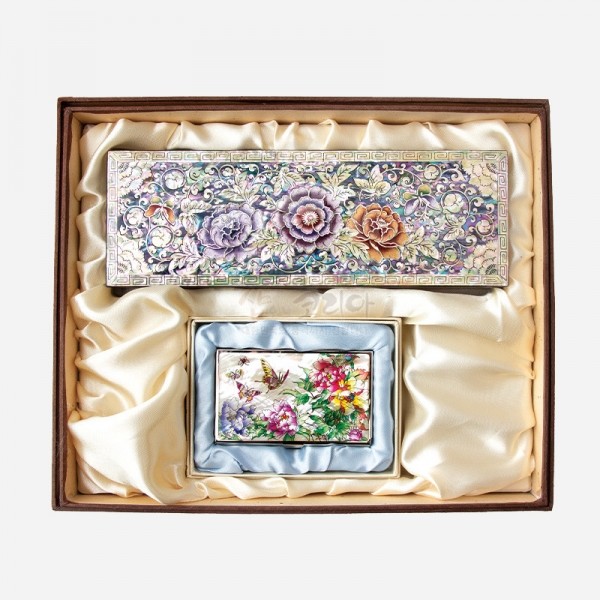 자개필함세트-나전으로 핀 모란(필함,명함케이스) - 목단과 나비의 화려한 나전칠기 필함 2종세트