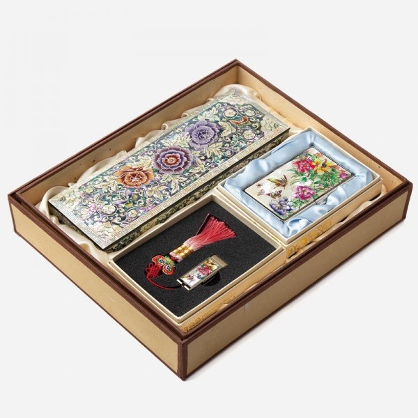 자개필함세트-나전으로 핀 모란(필함,명함케이스,usb32G) - 목단과 나비의 화려한 나전칠기 실속형 필함 3종세트