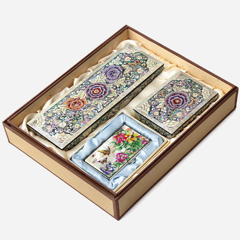 자개필함세트-나전으로 핀 모란(필함,명함함,명함케이스) - 목단과 나비의 화려한 나전칠기 필함 3종세트 필함+명함함+명함케이스