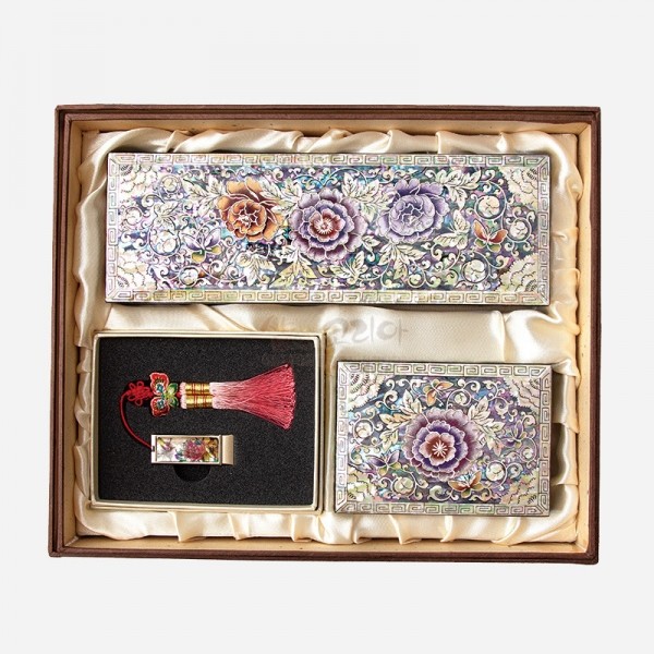 자개필함세트-나전으로 핀 모란(필함,명함함,usb32G) - 목단과 나비의 화려한 나전칠기 필함 3종세트