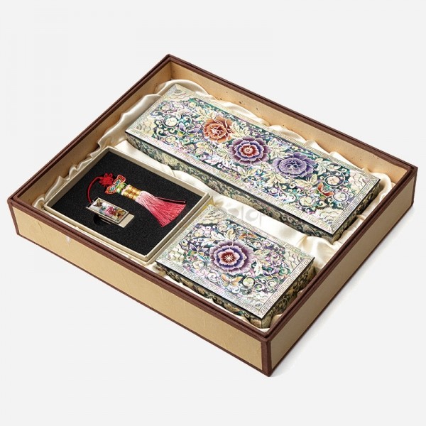 자개필함세트-나전으로 핀 모란(필함,명함함,usb32G) - 목단과 나비의 화려한 나전칠기 필함 3종세트