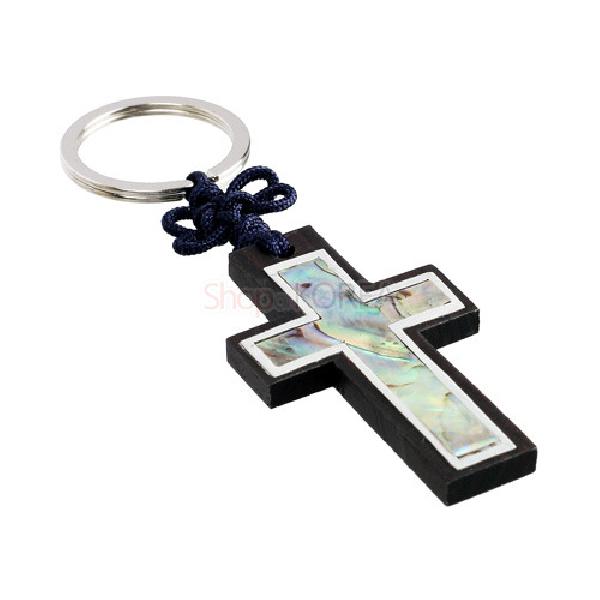 흑단열쇠고리-십자가 - 오색찬란한 자개로 시문한 제품